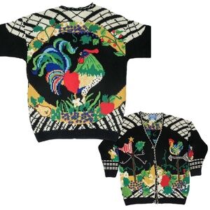 Vintage 90s Just Better Sweater designs by Lisa Coufal Rooster Cardigan Sweater